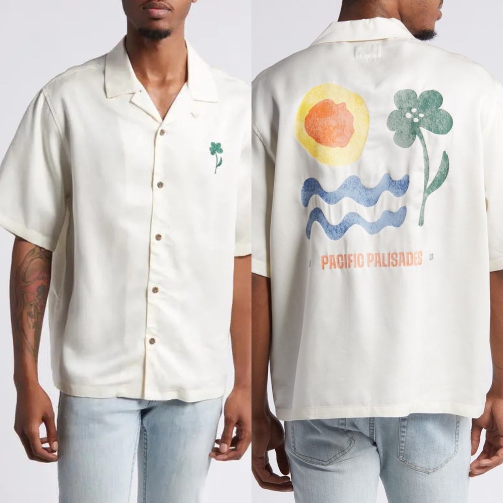 PacSun Pacific Palisades Camp‎ Collar Shirt Cream Mens Medium Lyocell